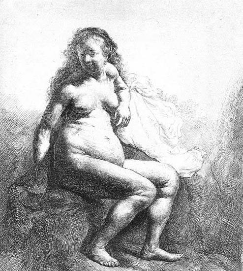 REMBRANDT Harmenszoon van Rijn Seated female nude oil painting image